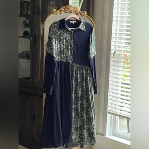 Pamela Love x RTR Paisley Patchwork Navy and Olive Long Sleeve Dress
